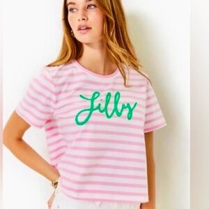 NWT Lilly Pulitzer Keenan knit top Pink White Striped Logo Tee with Green Script